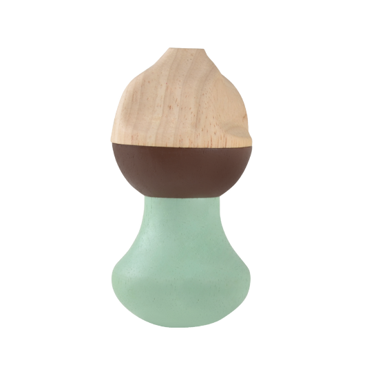 A colorful teardrop-shaped baby rattle with a wooden top and a green base.