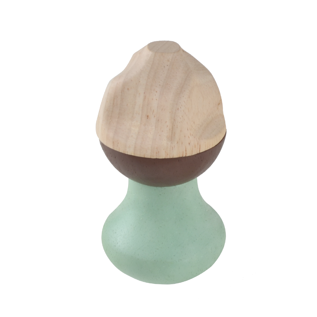 A colorful teardrop-shaped baby rattle with a wooden top and a green base.