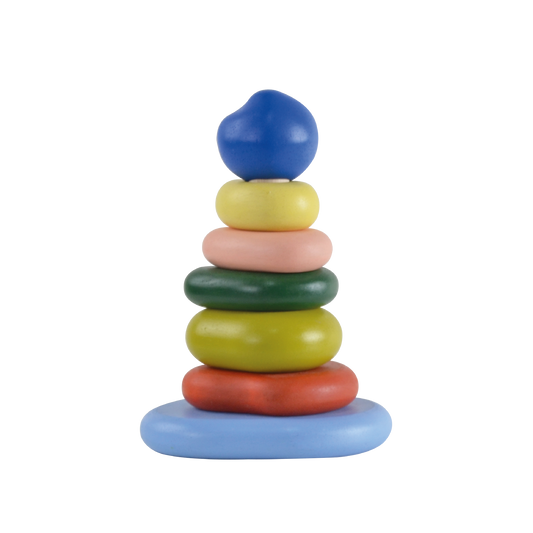 A stack of wooden pebbles in various colors including blue, green, yellow, orange, and red, on a blue base.