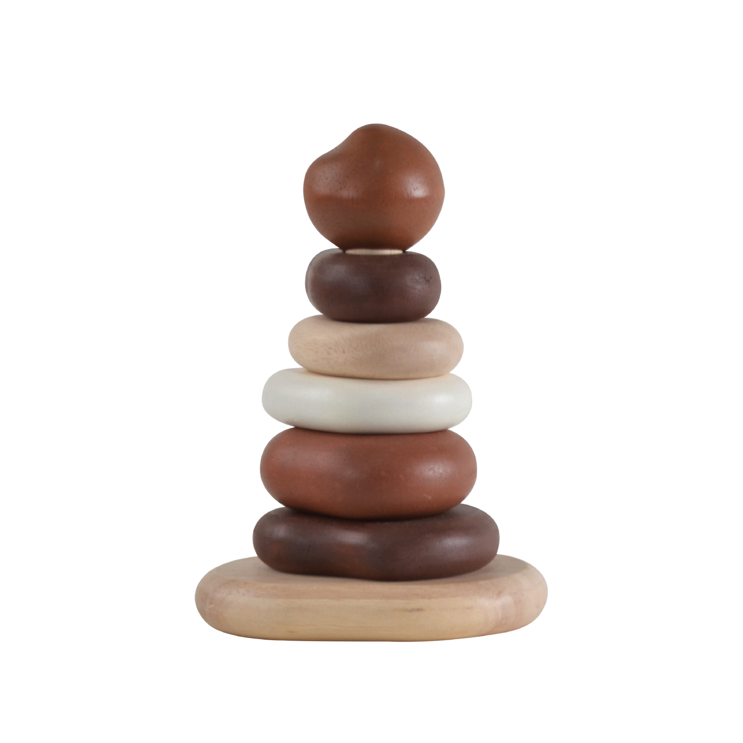 A wooden stack of pebble-shaped toys in varying sizes, with the largest at the bottom and the smallest at the top.