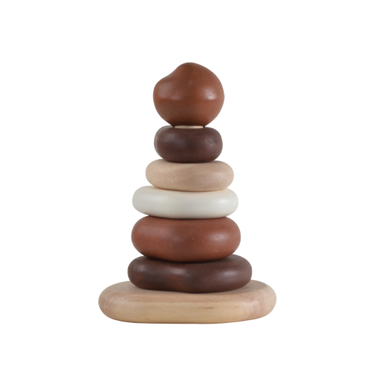 A wooden stack of pebble-shaped toys in varying sizes, with the largest at the bottom and the smallest at the top.
