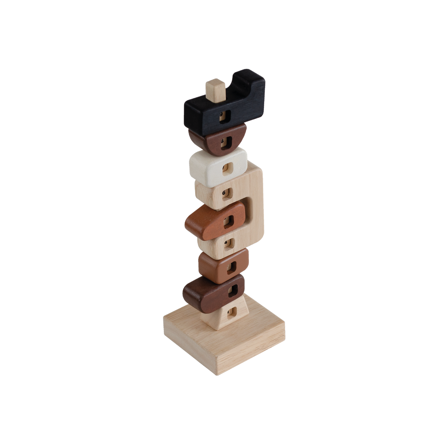 A wooden element counting rod with numbers from one to nine on each level, stacked in a spiral pattern on a wooden base.