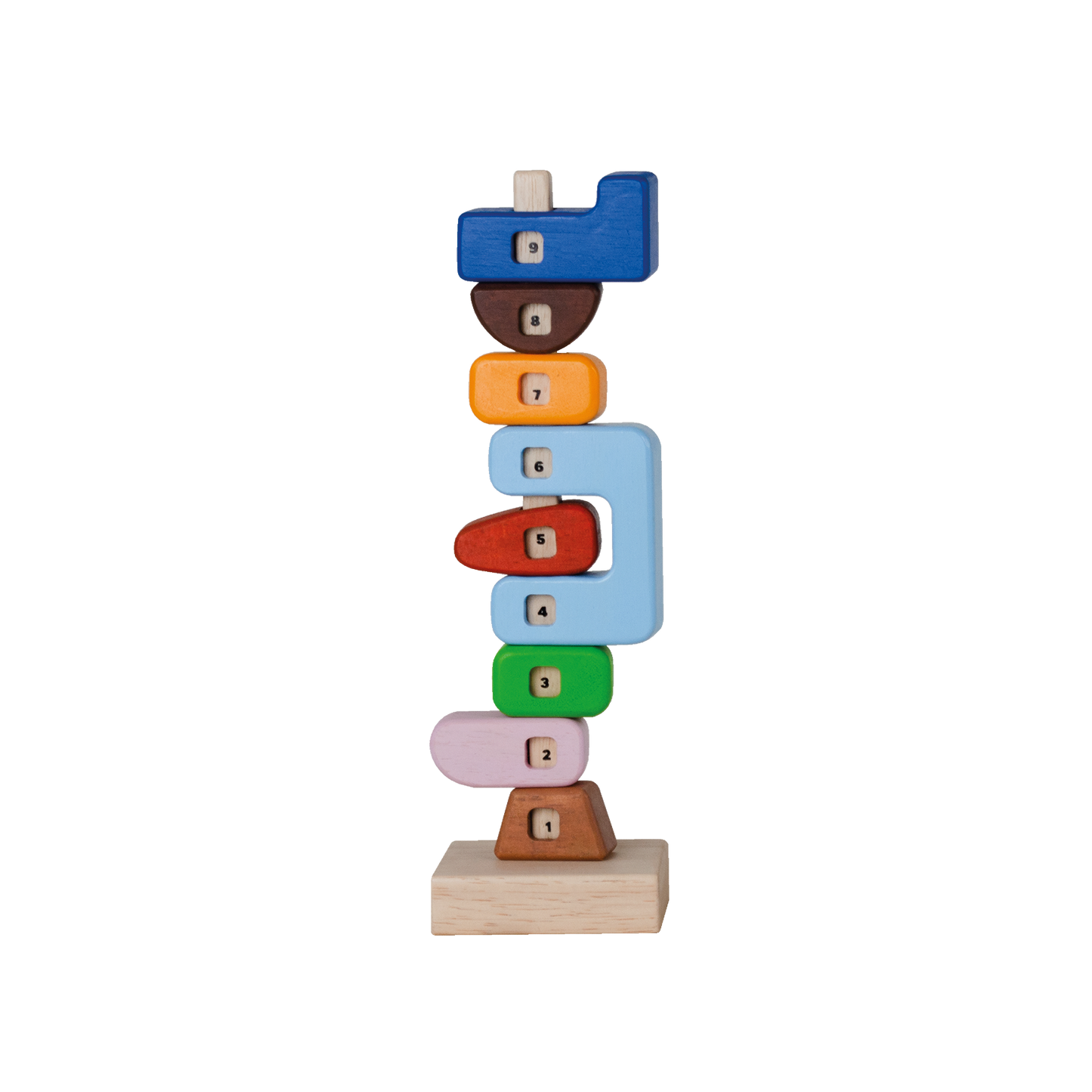 A wooden element counting rod with numbers from one to nine, featuring a series of wooden blocks stacked in a spiral on a central rod, with different colored wooden elements on each block.