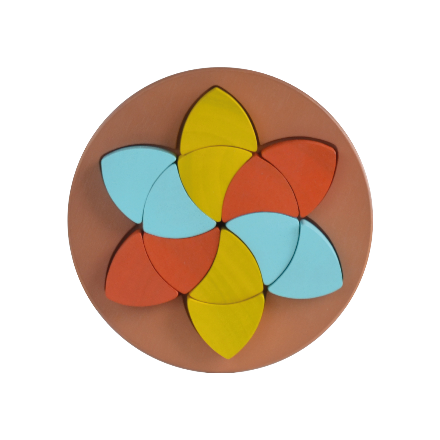 A colorful wooden puzzle toy consisting of twelve single shape parquetry pieces in brown and beige, arranged in a flower-like pattern on a light wooden board.