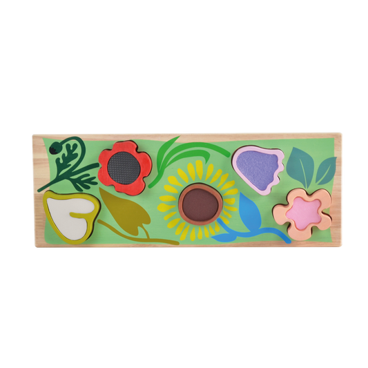 A colorful wooden sensory puzzle with a wild garden theme, featuring various play pieces including a sun, flowers, and fruit shapes.