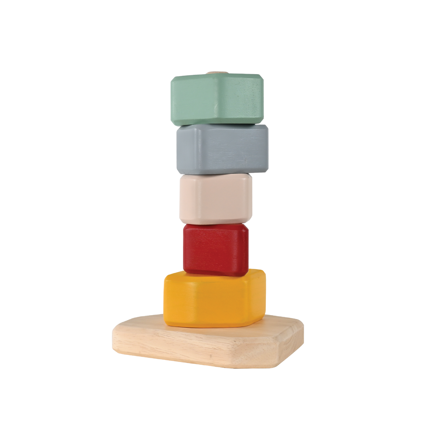 Wooden stacking toy with colorful square-shaped blocks arranged on a wooden base, designed to help children develop balance and fine motor skills.