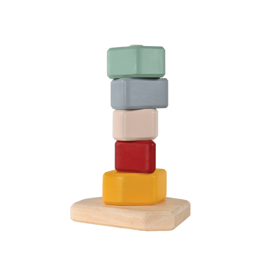 Wooden stacking toy with colorful square-shaped blocks arranged on a wooden base, designed to help children develop balance and fine motor skills.