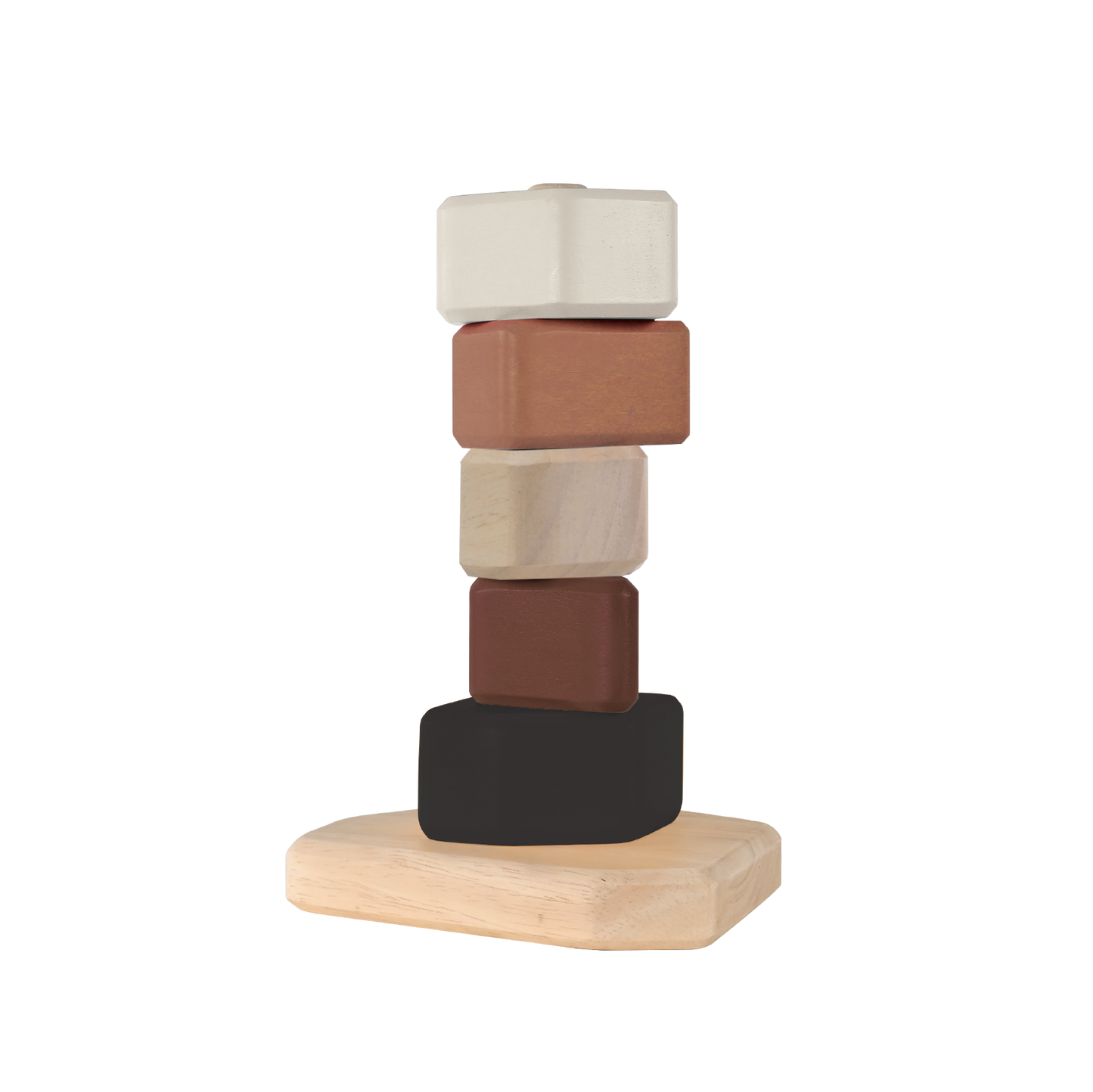 A wooden counting toy consisting of a series of wooden blocks in various colors stacked vertically on a wooden base.