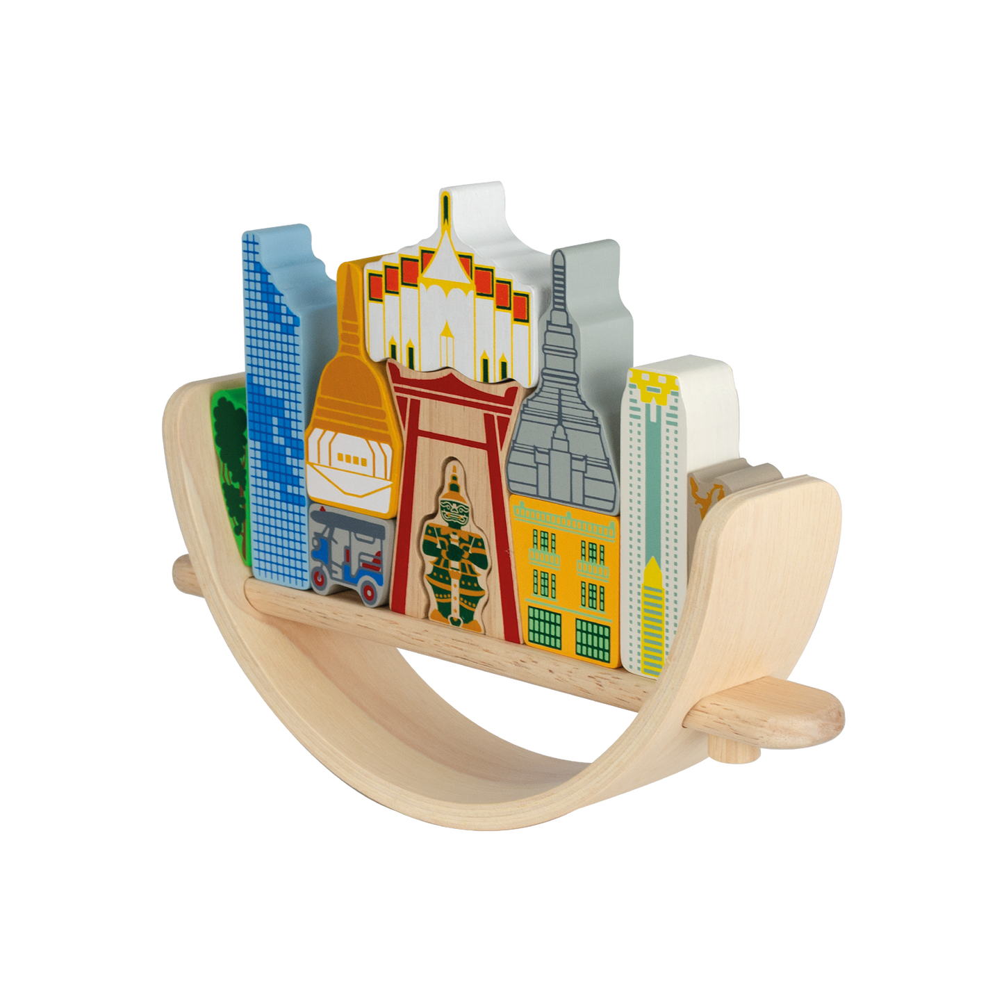 A colorful balancing toy set representing a Bangkok cityscape, with various landmarks trying to balance on a crescent base.