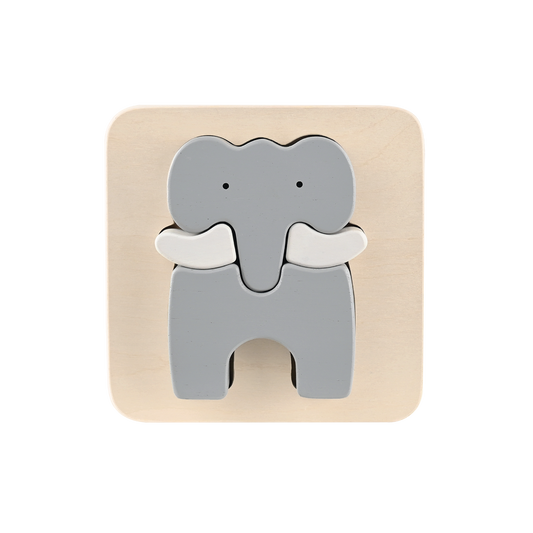 A wooden elephant-shaped tray puzzle for toddlers