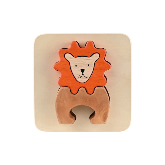 A wooden tray puzzle shaped like a lion with a brown mane and a light brown body.