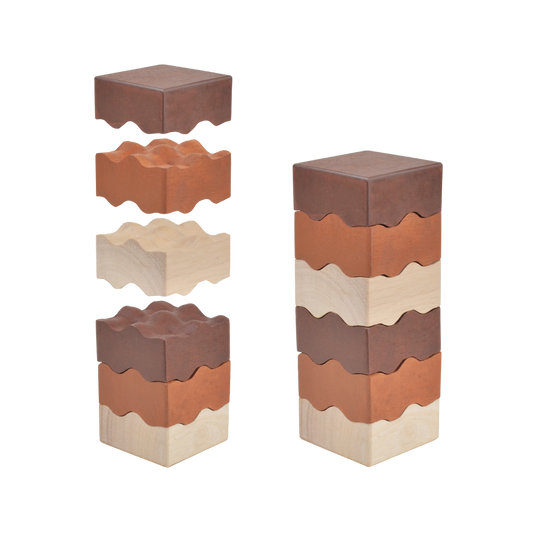 A set of three mini natural rammed tower puzzles in varying shades of brown and beige, with a wooden base.
