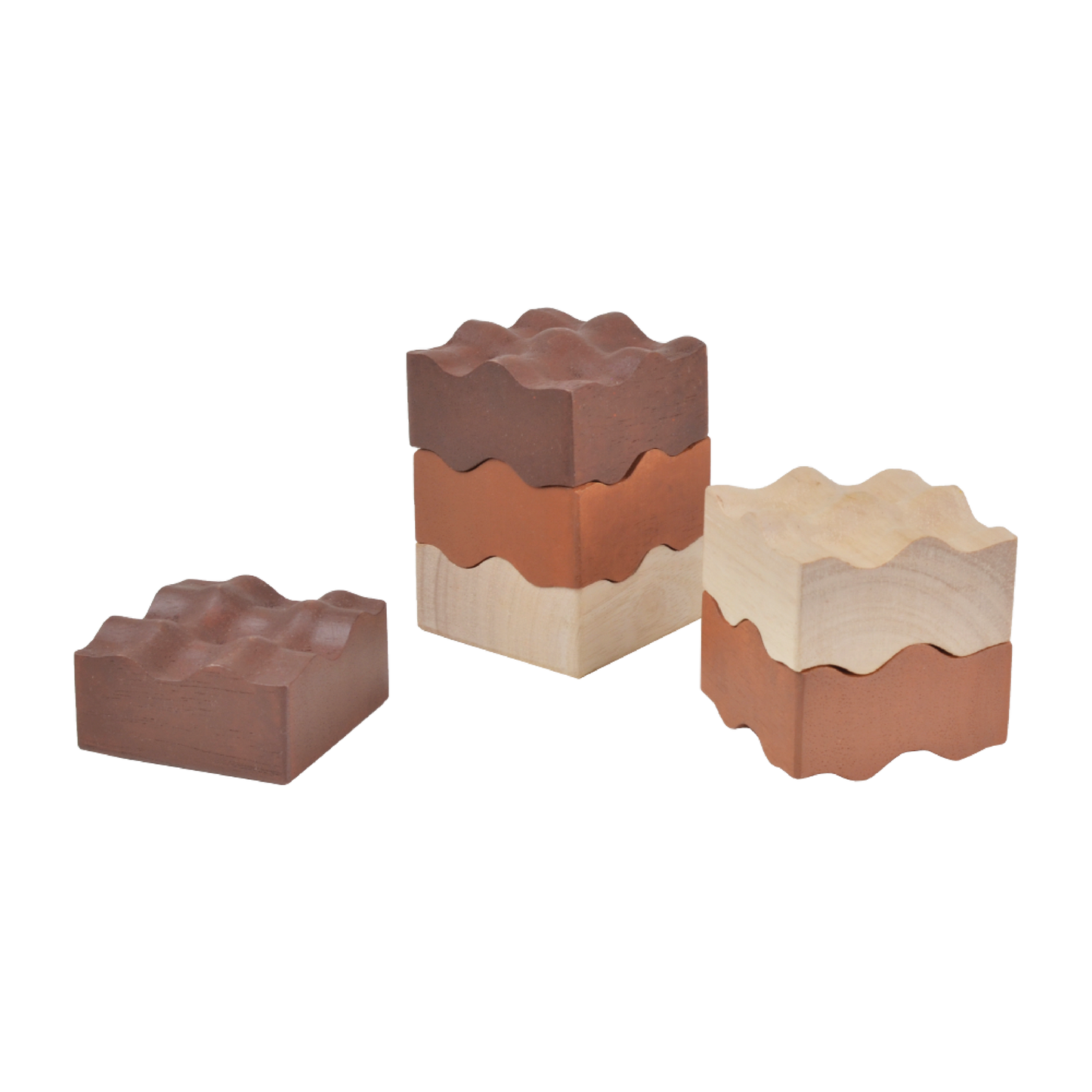 A set of three mini natural rammed tower puzzles in varying shades of brown and beige, with a wooden base.