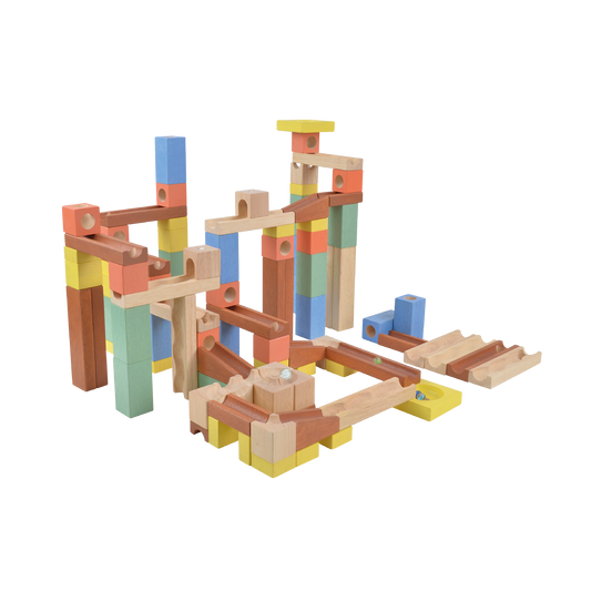 A wooden marble track set with multicolored wooden pieces and a marble run structure.