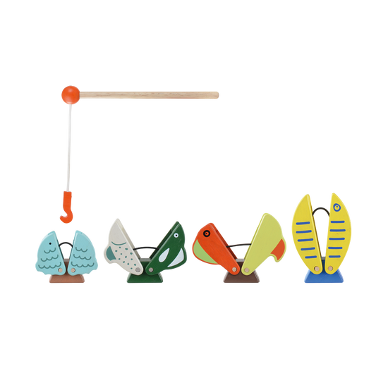 Wooden fishing game with colorful fish and rod, promoting fine motor skills, coordination, social skills, and rule-following for children.