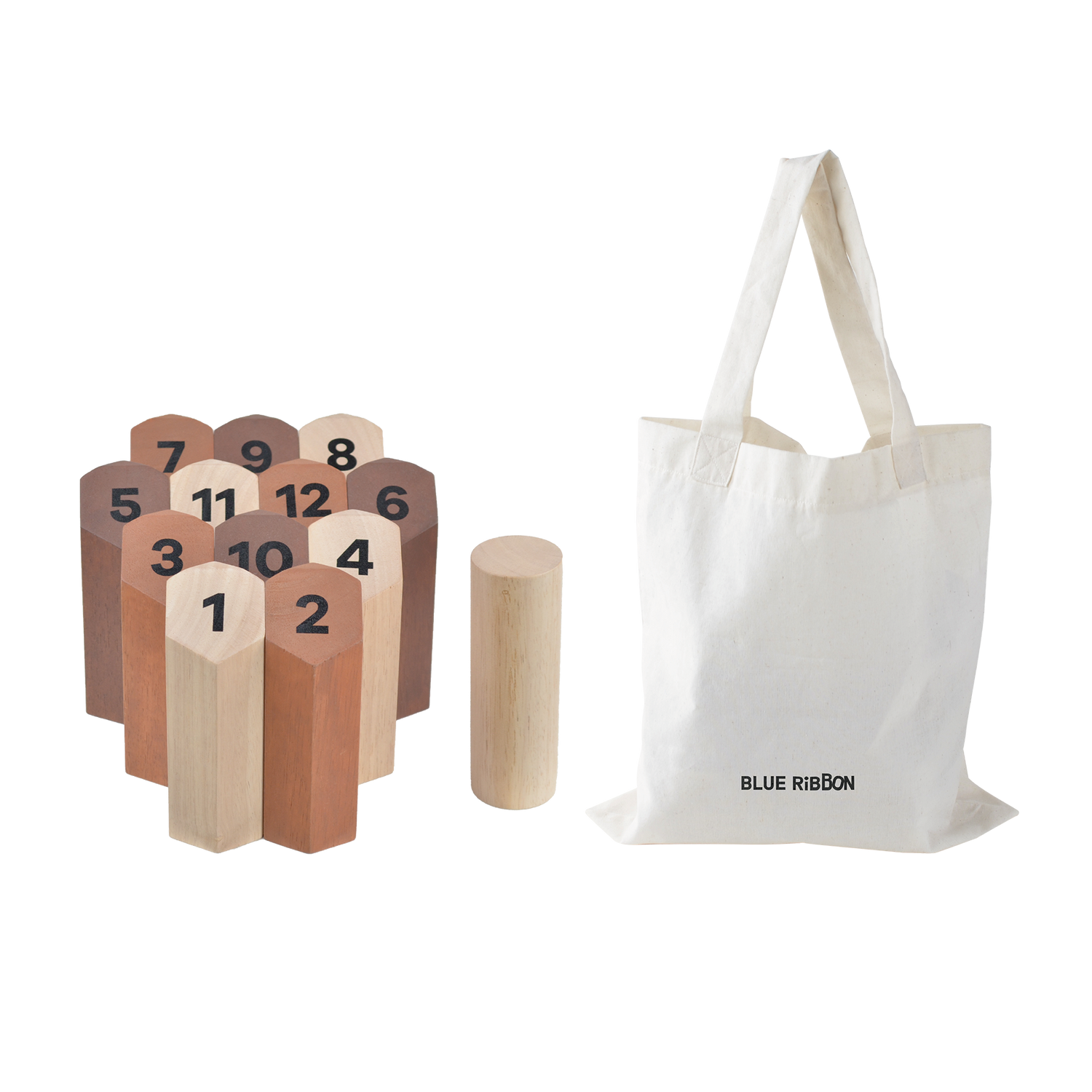 A set of wooden blocks numbered from 1 to 10, placed next to a white canvas bag with 'Blue Ribbon' printed on it.
