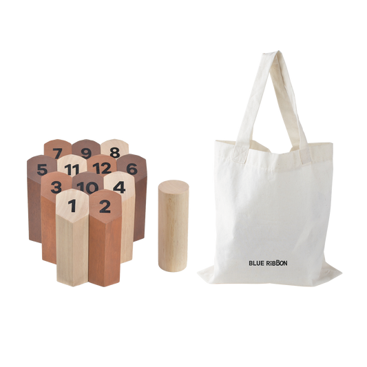 A set of wooden blocks numbered from 1 to 10, placed next to a white canvas bag with 'Blue Ribbon' printed on it.