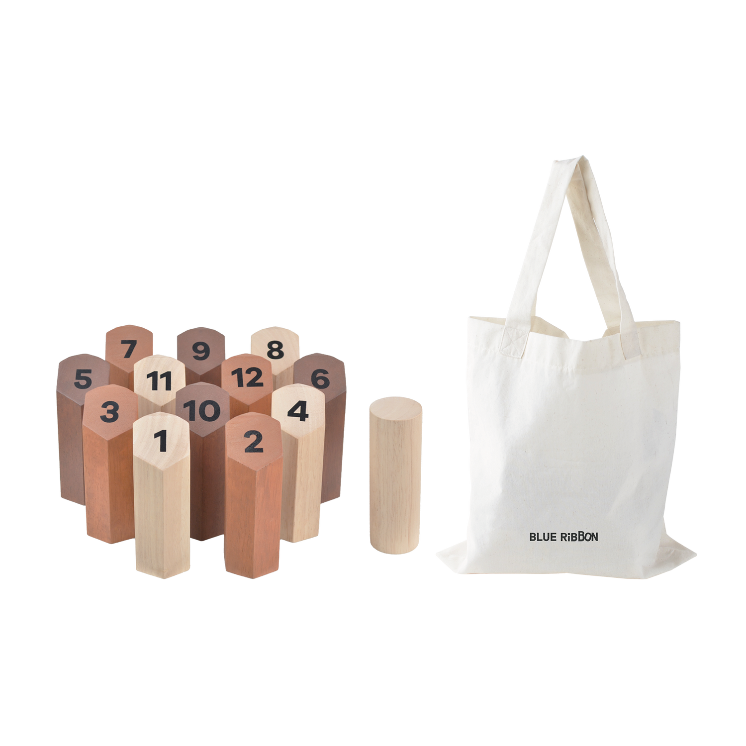 A set of wooden blocks numbered from 1 to 10, placed next to a white canvas bag with 'Blue Ribbon' printed on it.