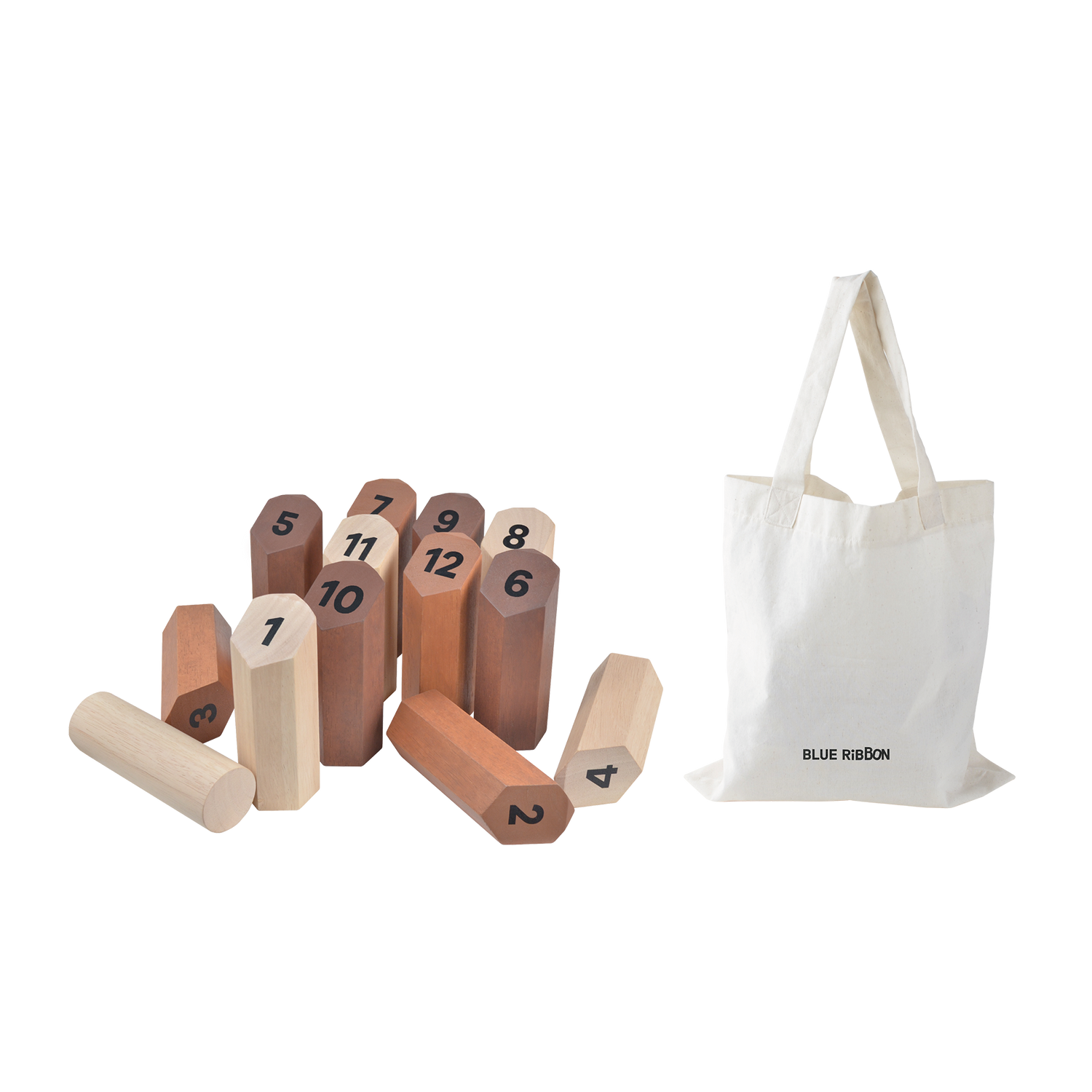 A set of wooden blocks numbered from 1 to 10, placed next to a white canvas bag with 'Blue Ribbon' printed on it.