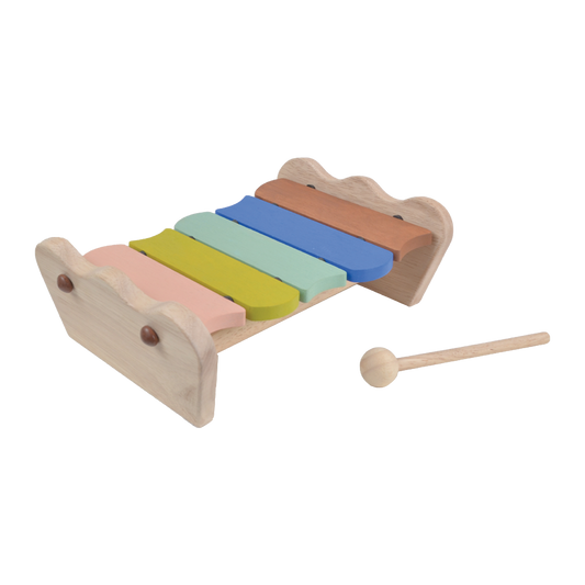 A wooden scallop xylophone with five colorful bars and a wooden mallet, designed for young children.