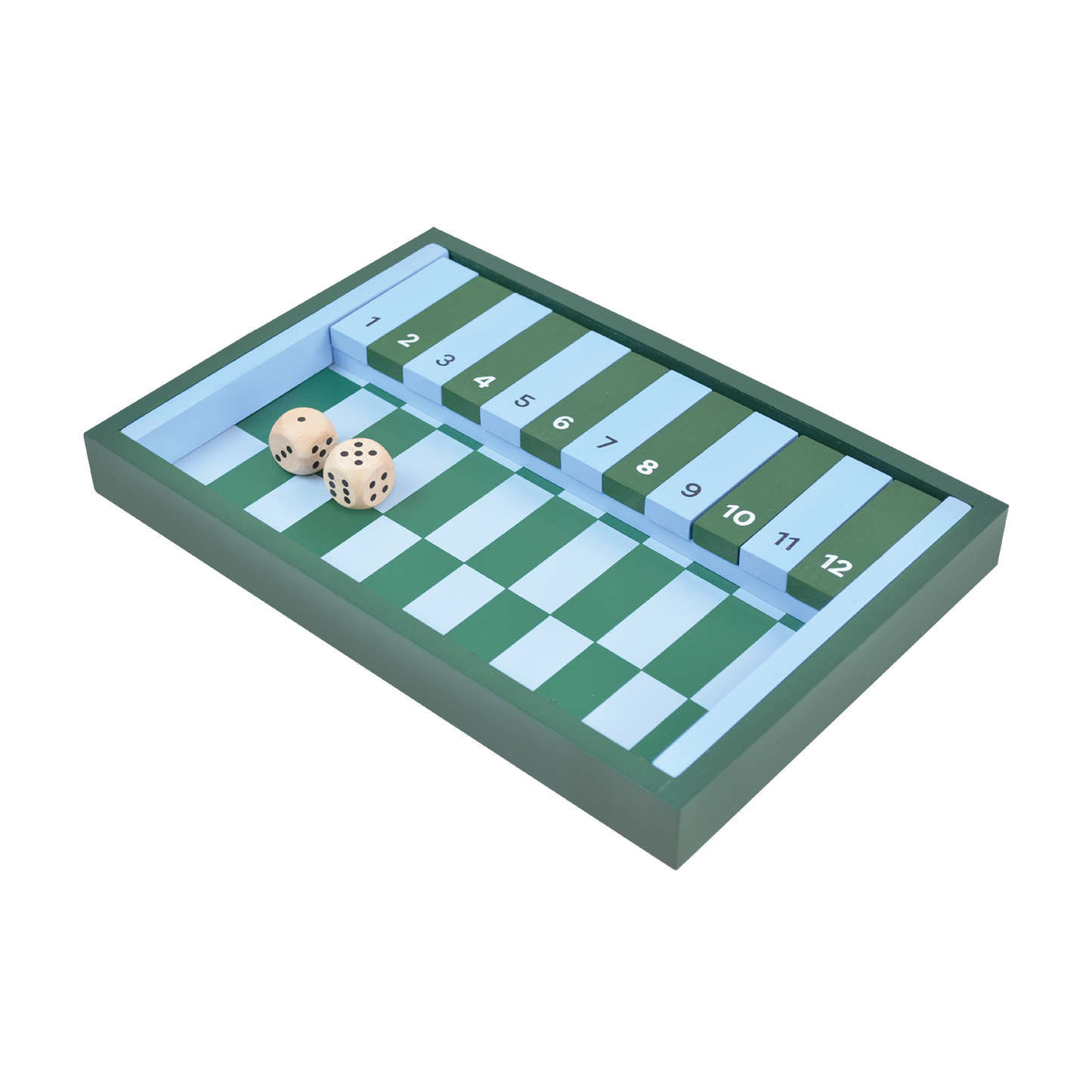 A wooden 'Shut the Box' game with dice and numbered game tiles on a wooden board.