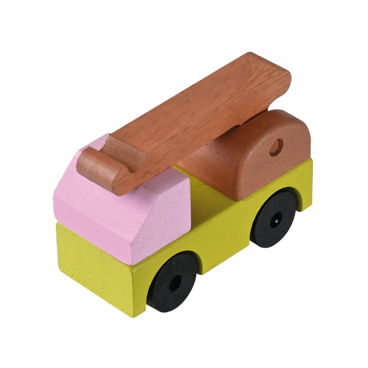 Wooden CRANE TRUCK toy with smooth wheels, promoting fine and gross motor skills and imaginative play for toddlers 36 months and up.