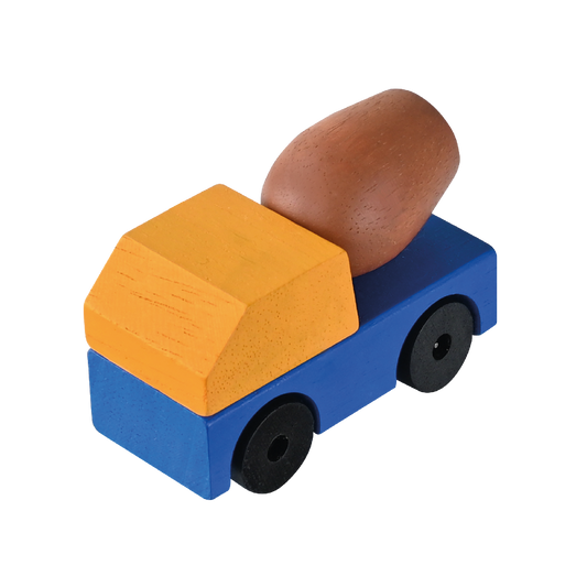 A colorful wooden toy truck with a brown cement load on top, featuring blue wheels and orange and yellow accents.