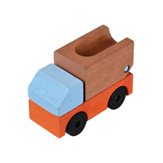 Wooden dump truck toy with smooth wheels, promoting fine and gross motor skills and imaginative play for toddlers 36 months and up.