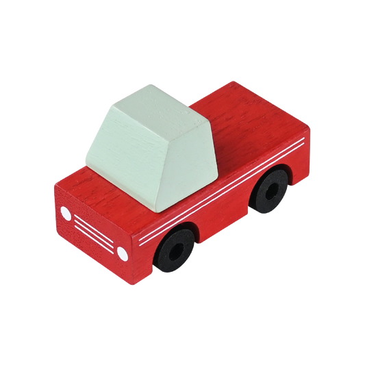 A compact, colorful wooden toy truck with a red cab and green box bed, on a plain background.