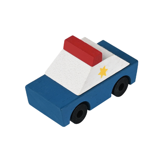 A colorful wooden toy car with a red and white police-like design, featuring a blue and white body and black wheels.