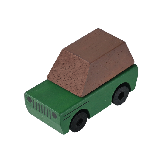 Wooden Jeep car toy with smooth wheels, promoting fine and gross motor skills and imaginative play for toddlers.