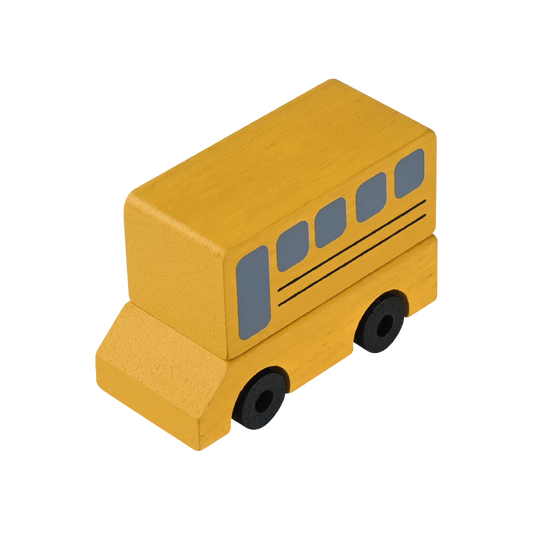 A compact, colorful wooden toy car with smooth wooden wheels and steel rods.