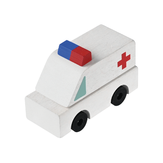 A colorful wooden toy ambulance car with a white base, blue and red detailing, and black wheels.