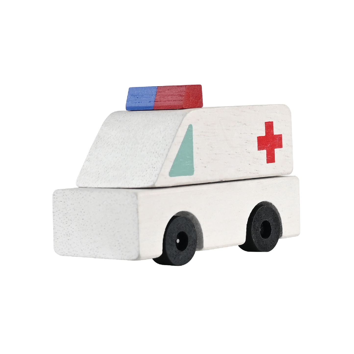 A colorful wooden toy ambulance car with a white base, blue and red detailing, and black wheels.