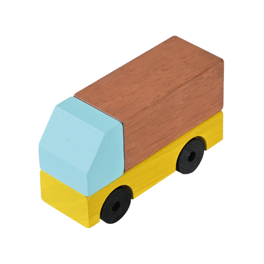 A colorful wooden toy vehicle with a blue, yellow, and brown color scheme, featuring smooth wooden wheels and steel rods.