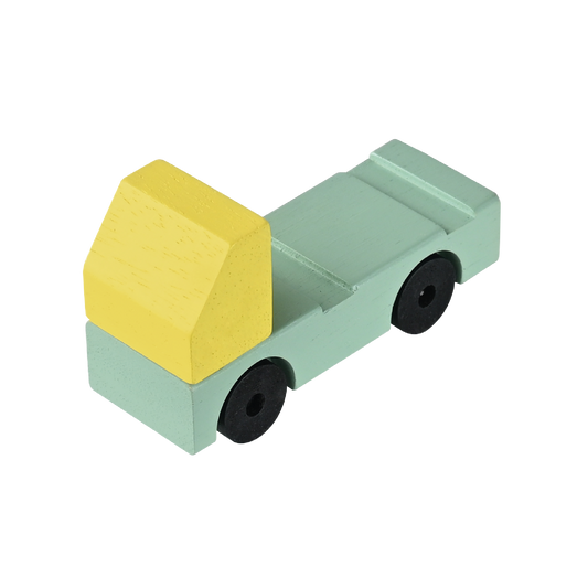 A small, colorful wooden toy truck with a yellow load and black wheels.