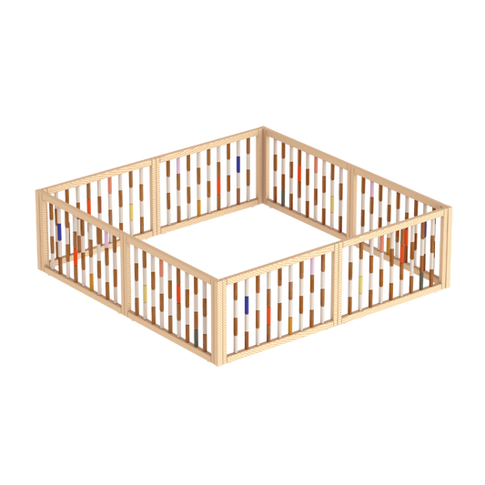 A modular playpen with a geometric pattern, consisting of four 70 cm wide panels and four corner poles, in a natural wood color.