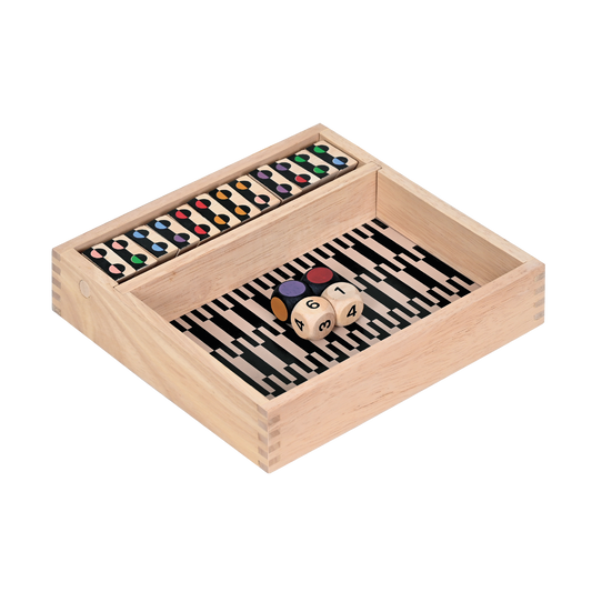 Wooden board game with numbered and colored flip tiles and dice.