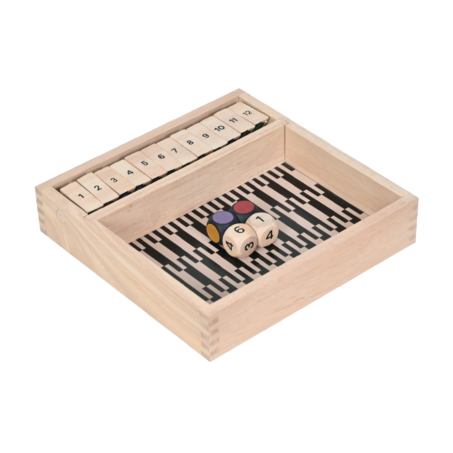 Wooden board game with numbered and colored flip tiles and dice.