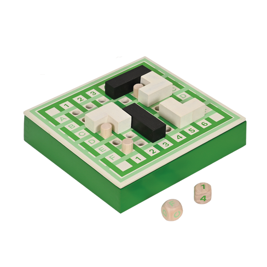 A Trominoes game set on a green board with various shaped game pieces and dice.