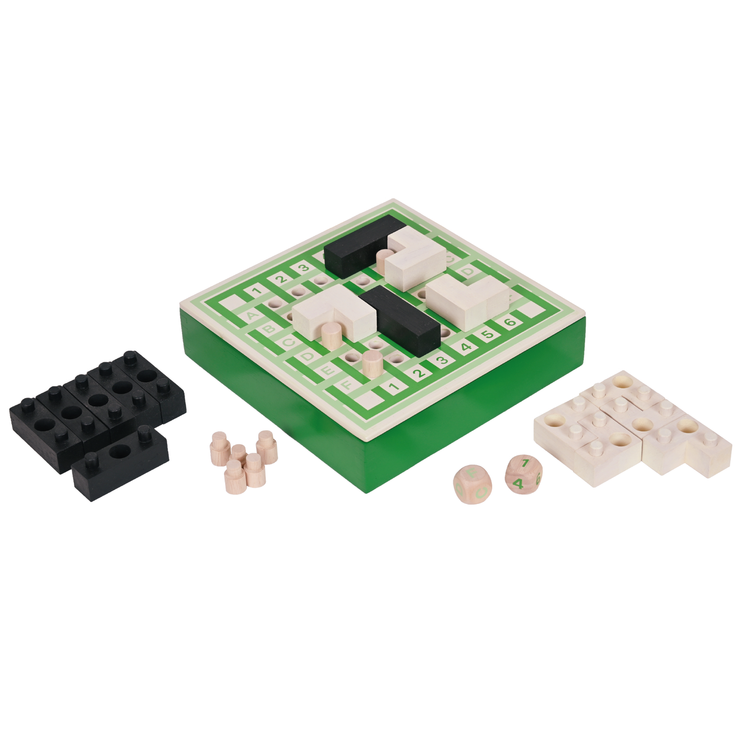 A Trominoes game set on a green board with various shaped game pieces and dice.
