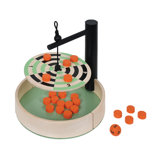 A game called 'Counter Balance' with a wooden board, numbered circles, orange dice, and metal balance wheel.