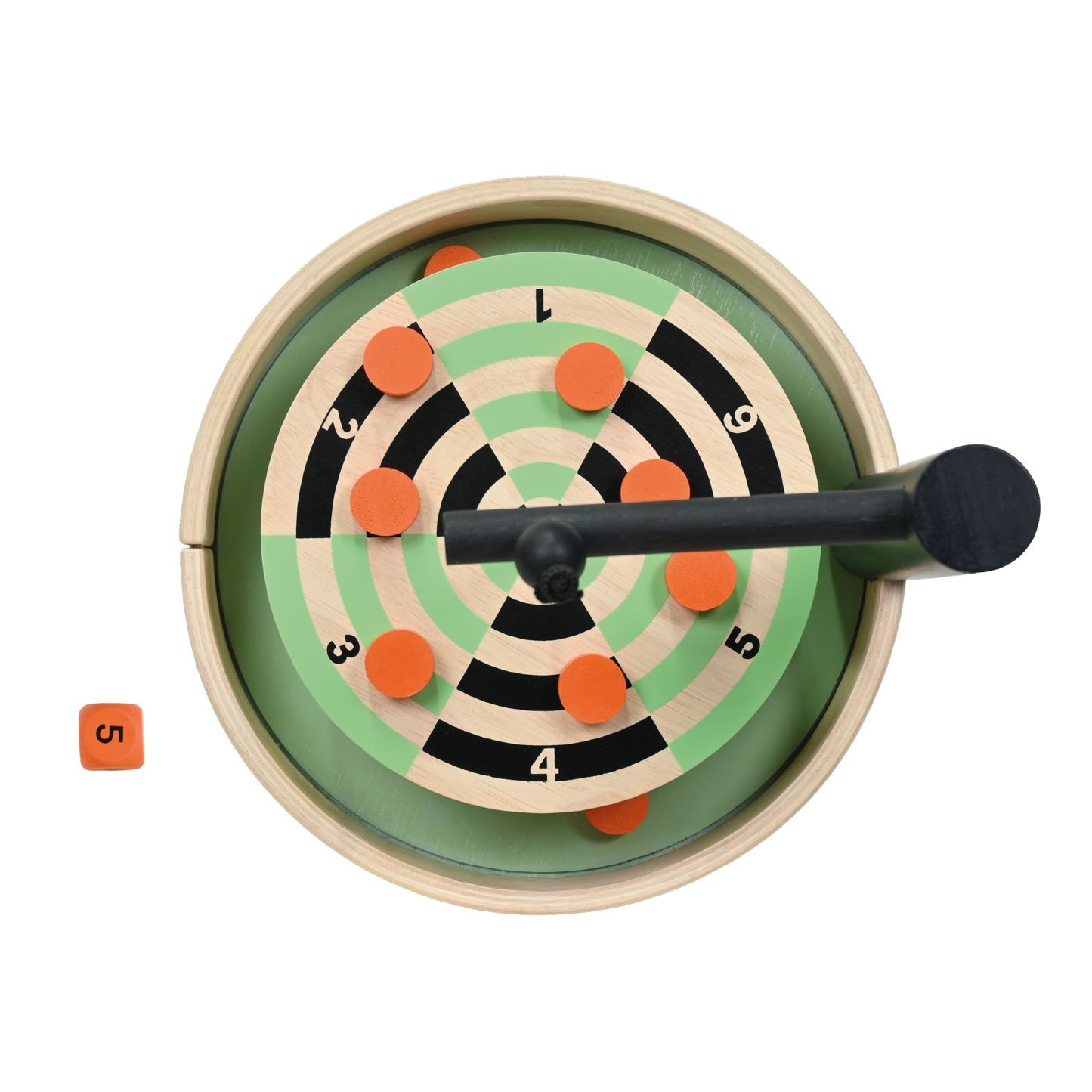 A game called 'Counter Balance' with a wooden board, numbered circles, orange dice, and metal balance wheel.