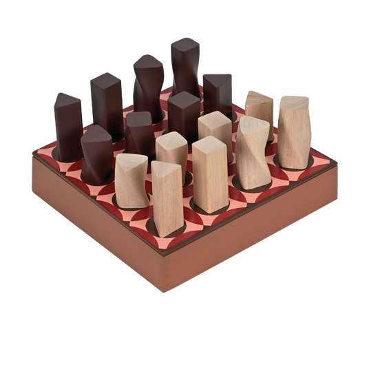 A board game piece with multiple wooden blocks in different shapes arranged on a board, with a red and brown color scheme.