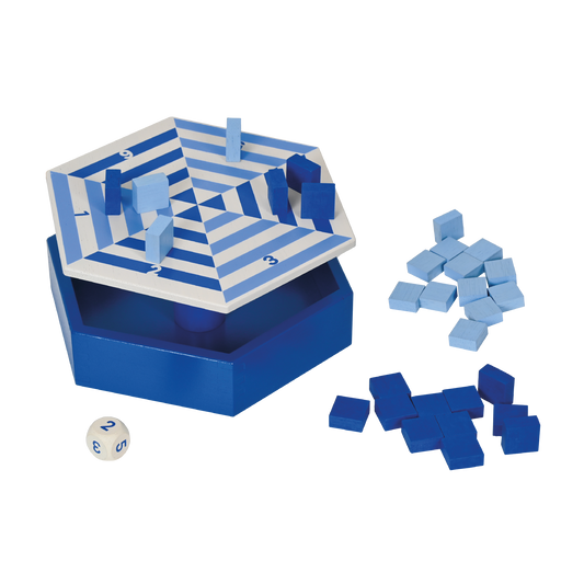 Wooden balancing puzzle game with a hexagonal board in blue tones, hexagon-shaped blocks in dark blue and light blue, colorful pieces, and a multicolored dice.