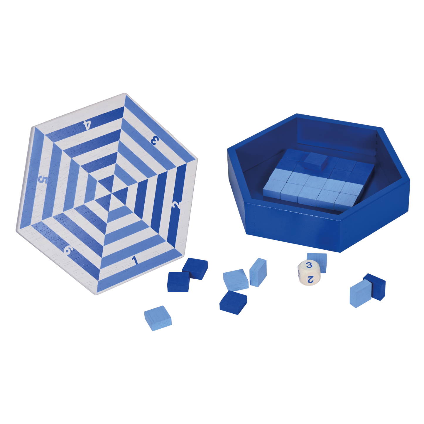 Wooden balancing puzzle game with a hexagonal board in blue tones, hexagon-shaped blocks in dark blue and light blue, colorful pieces, and a multicolored dice.