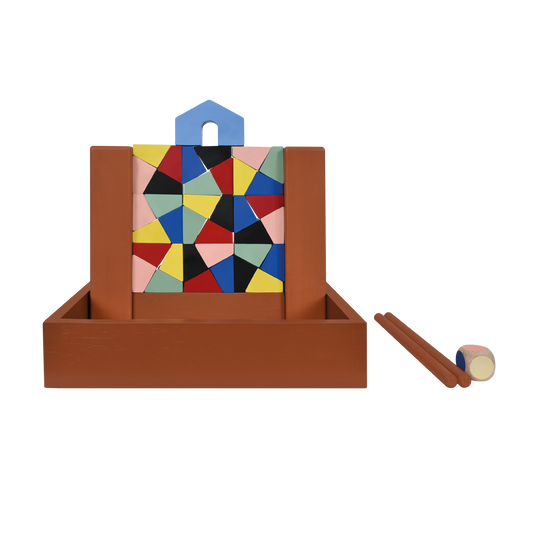 A toy called 'Wobbling Wave' consisting of a game board and pieces, with a die and a cutting tool included.