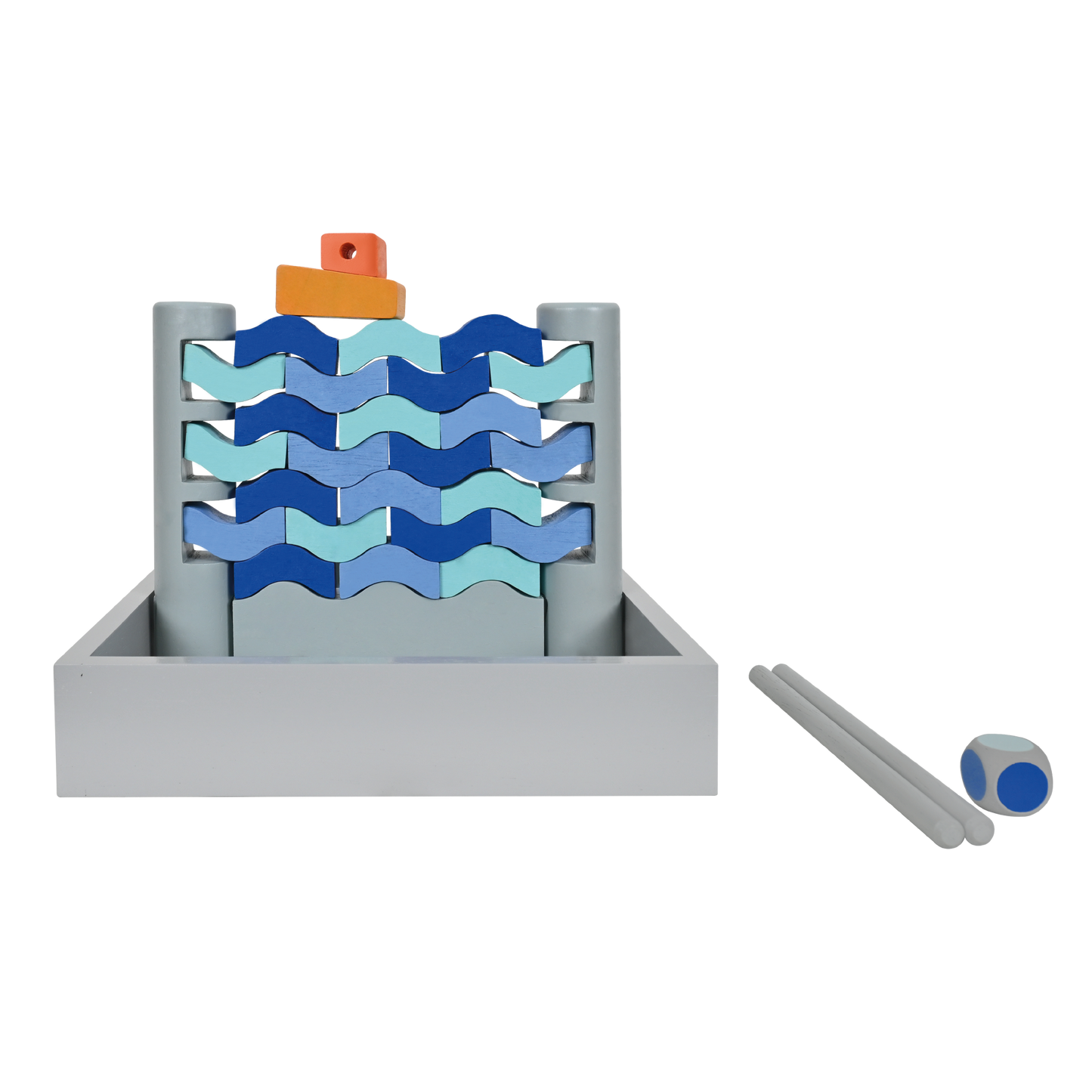 A toy wobbling wall game consisting of a metal frame with a series of blue and gray bricks, and a die with one orange and one blue marker.