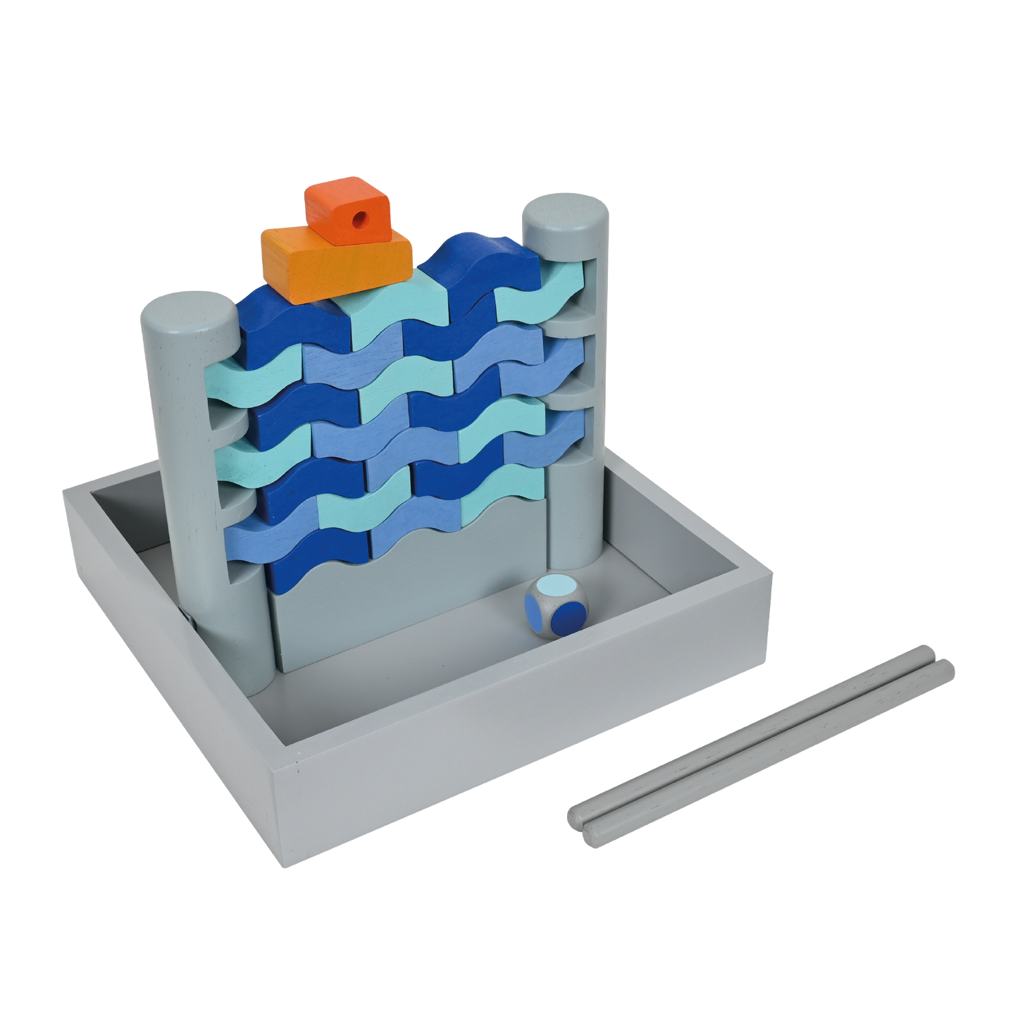 A toy wobbling wall game consisting of a metal frame with a series of blue and gray bricks, and a die with one orange and one blue marker.