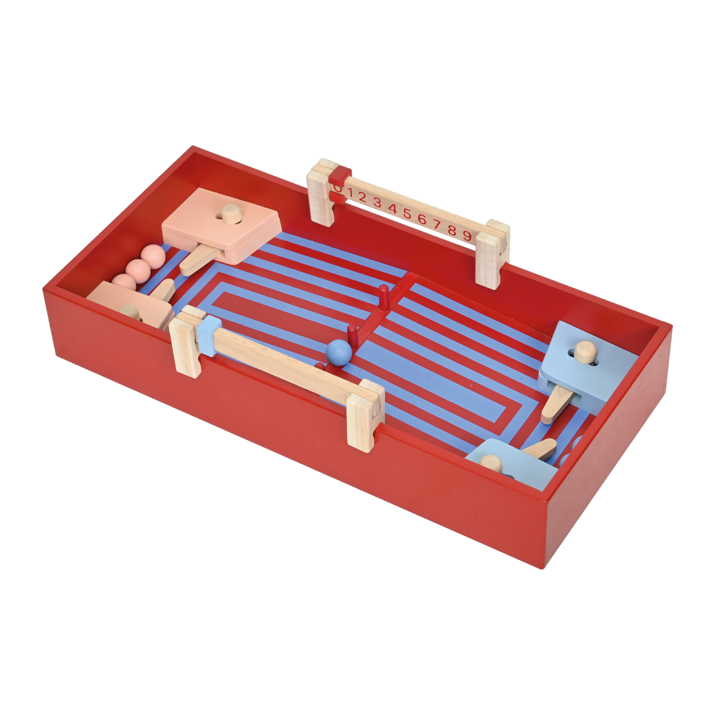 A red pinball machine with a soccer ball and goals, designed for young children.